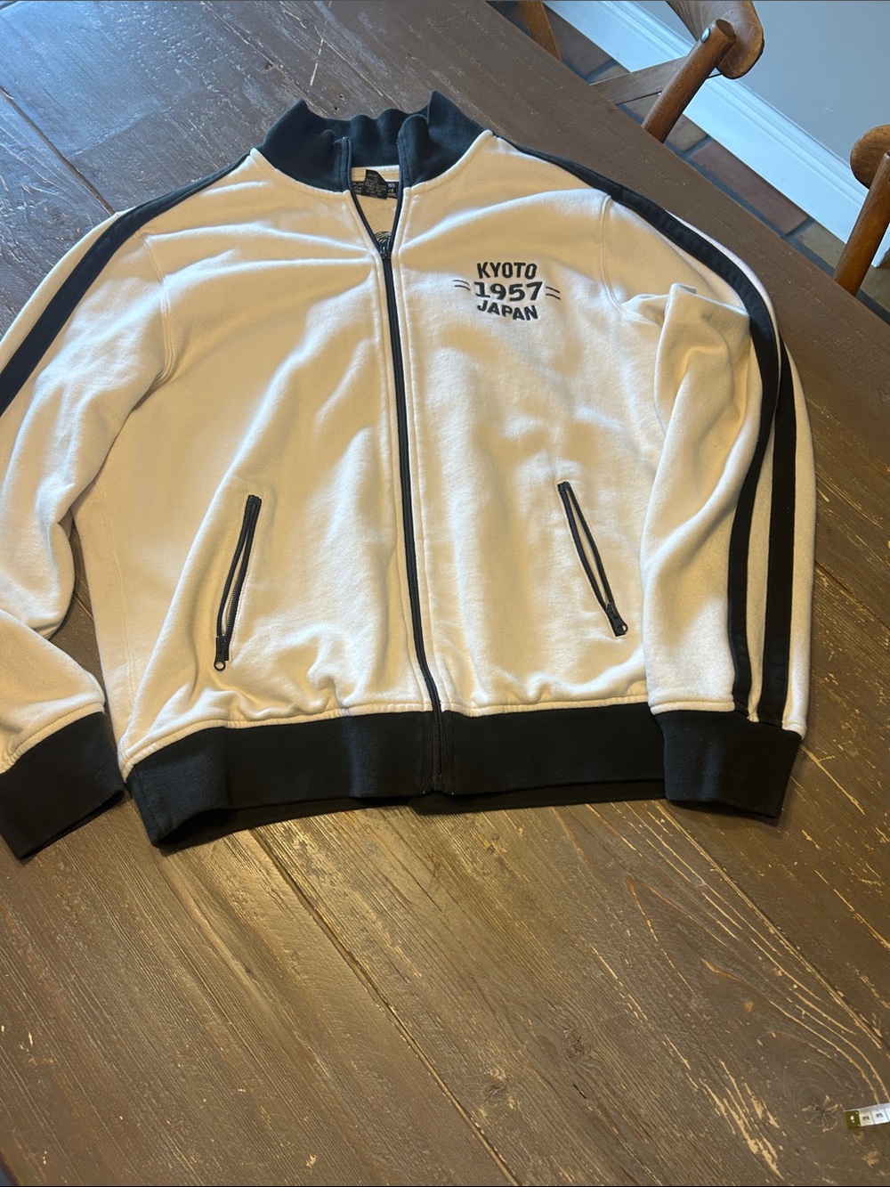 Lucky Brand White and Black Track Bomber Jacket.